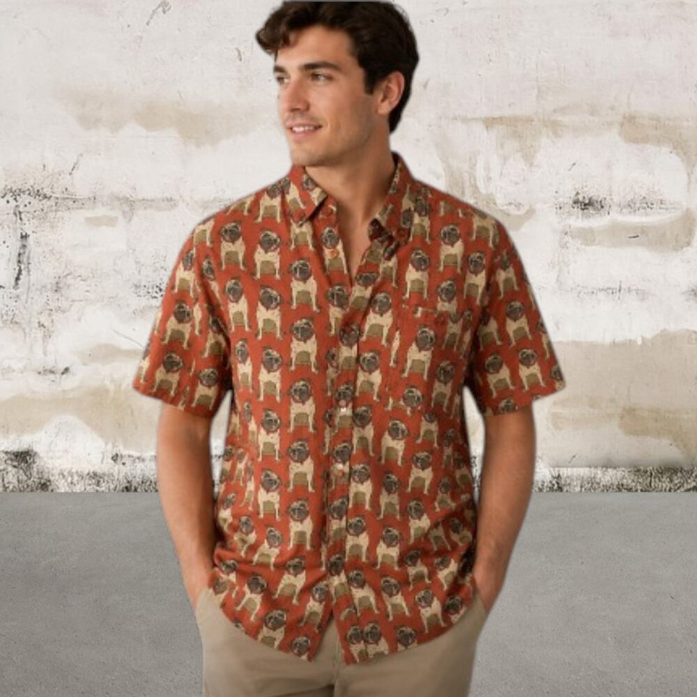 Super Massive Bulldog Short-Sleeve Button Down Shirt Size Medium